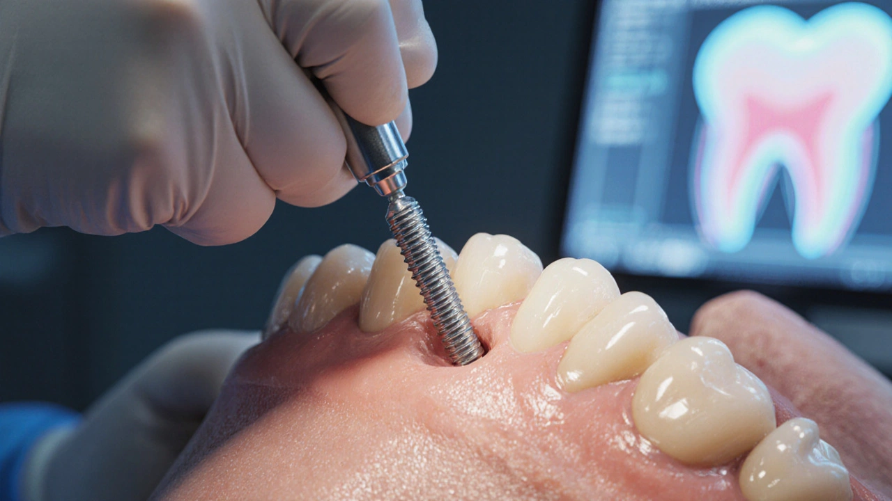 Blízký pohled na chirurgické zavedení implantátu do čelistní kosti.