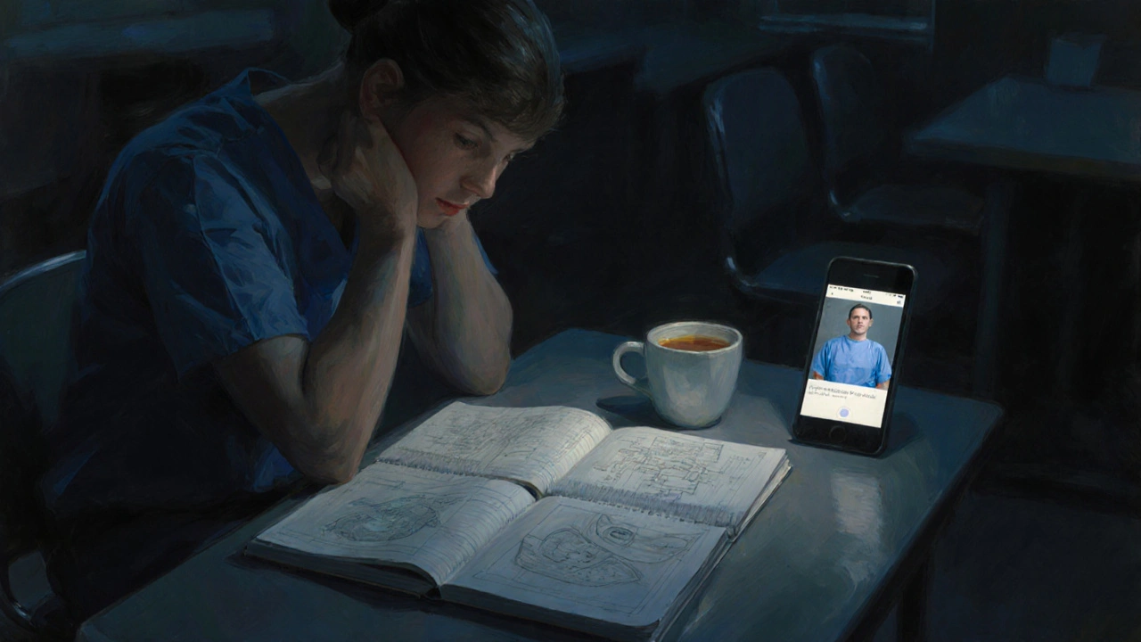 Chirurg sedí sám v tiché místnosti, přemýšlí o dnešní operaci.