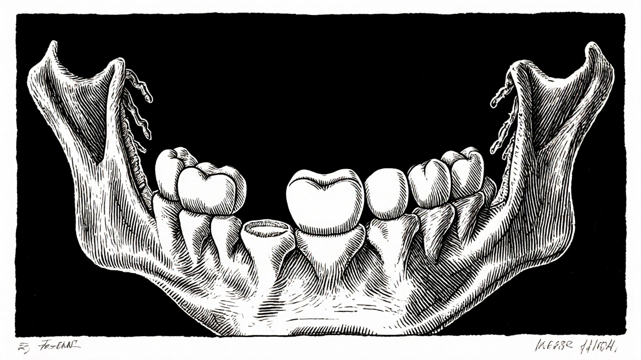 Chybějící drtič způsobuje posunutí sousedních zubů a zkreslení čelisti, znázorněno jemnými čárami.