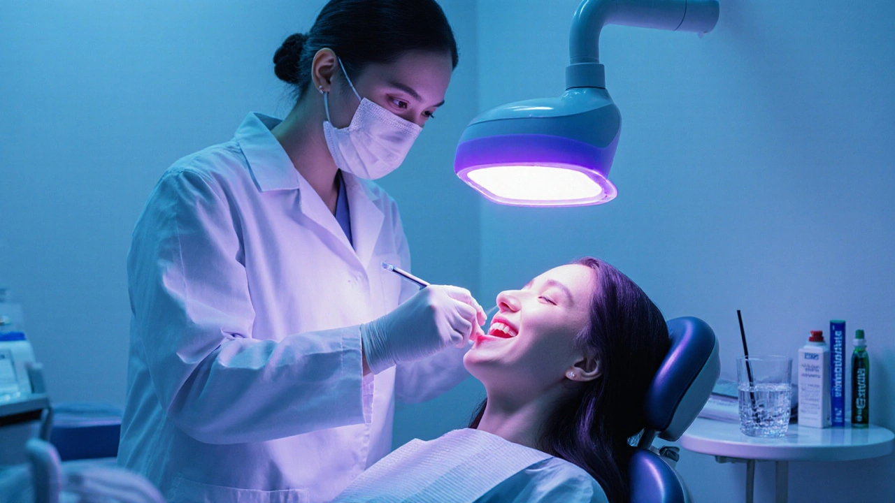Dentista aplikuje bělící gel pod LED lampou na úsměv pacienta v moderní ordinaci.