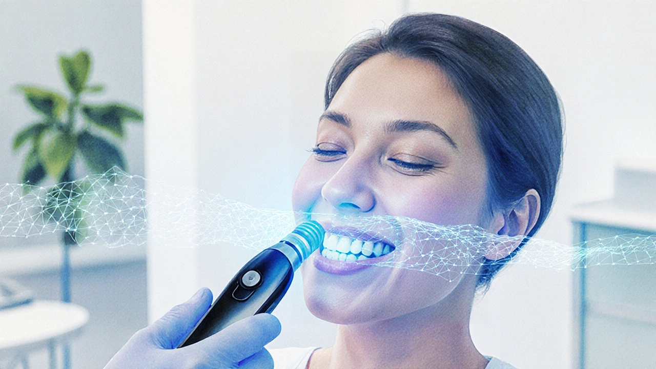 Digitální intraorální skener zachycuje 3D obraz zubů pacienta.