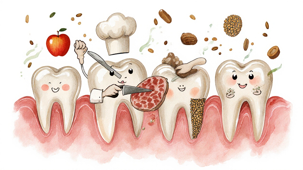 Ilustrace zubů jako pracovního týmu: řezáky říznou jablko, špičáky trhají maso, kliky drží ořech a drtiče drtí zrní.