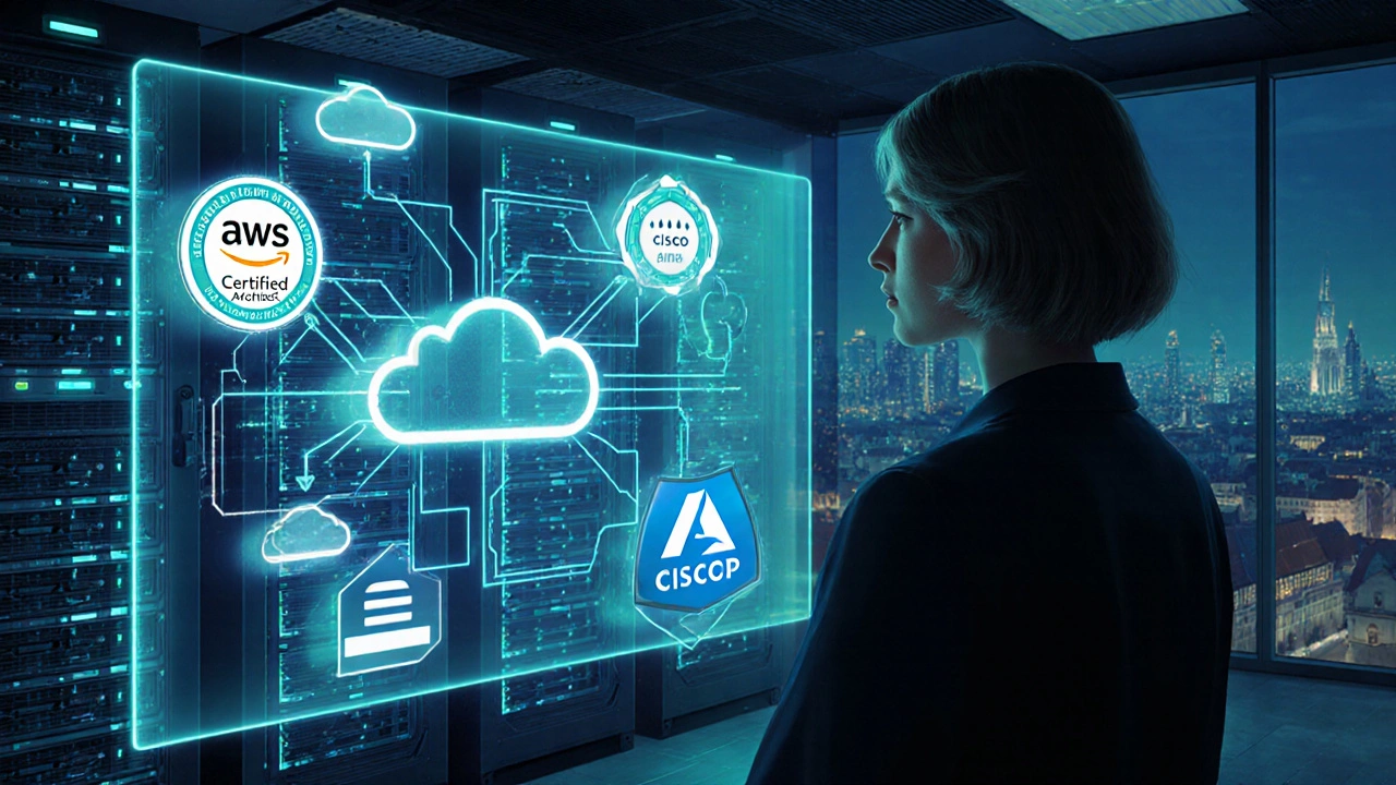 IT specialistka v serverovně s hologramy cloud architektury a certifikáty na pozadí.