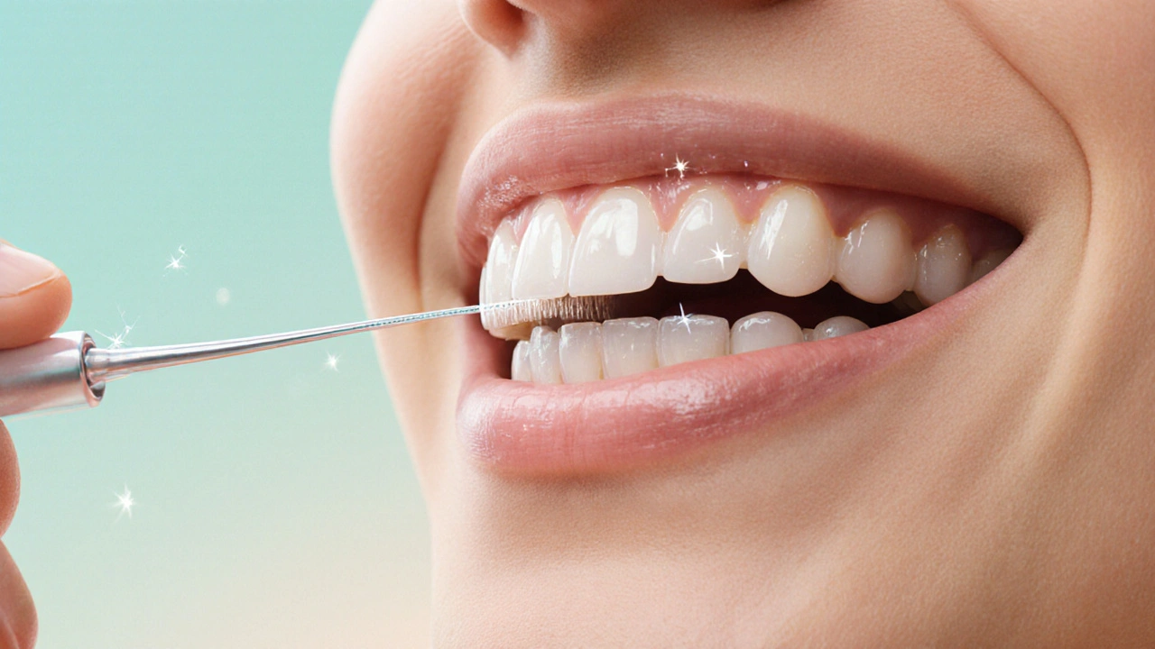 Osoba používá dentální nit mezi zuby, ukazující čistý mezizubní prostor.