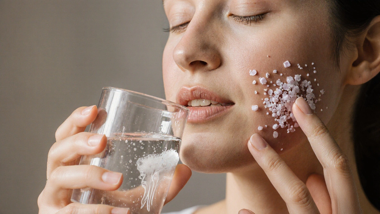 Osoba připravující solný pláchnutí po vytržení zubu s mírným otokem tváře.