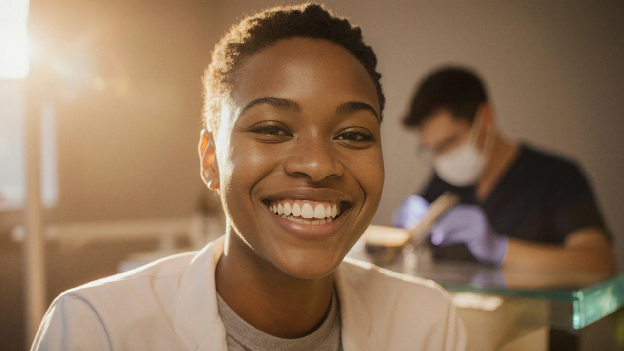 Pacient s novými celokeramickými fazetami usmívá se sebejistě.