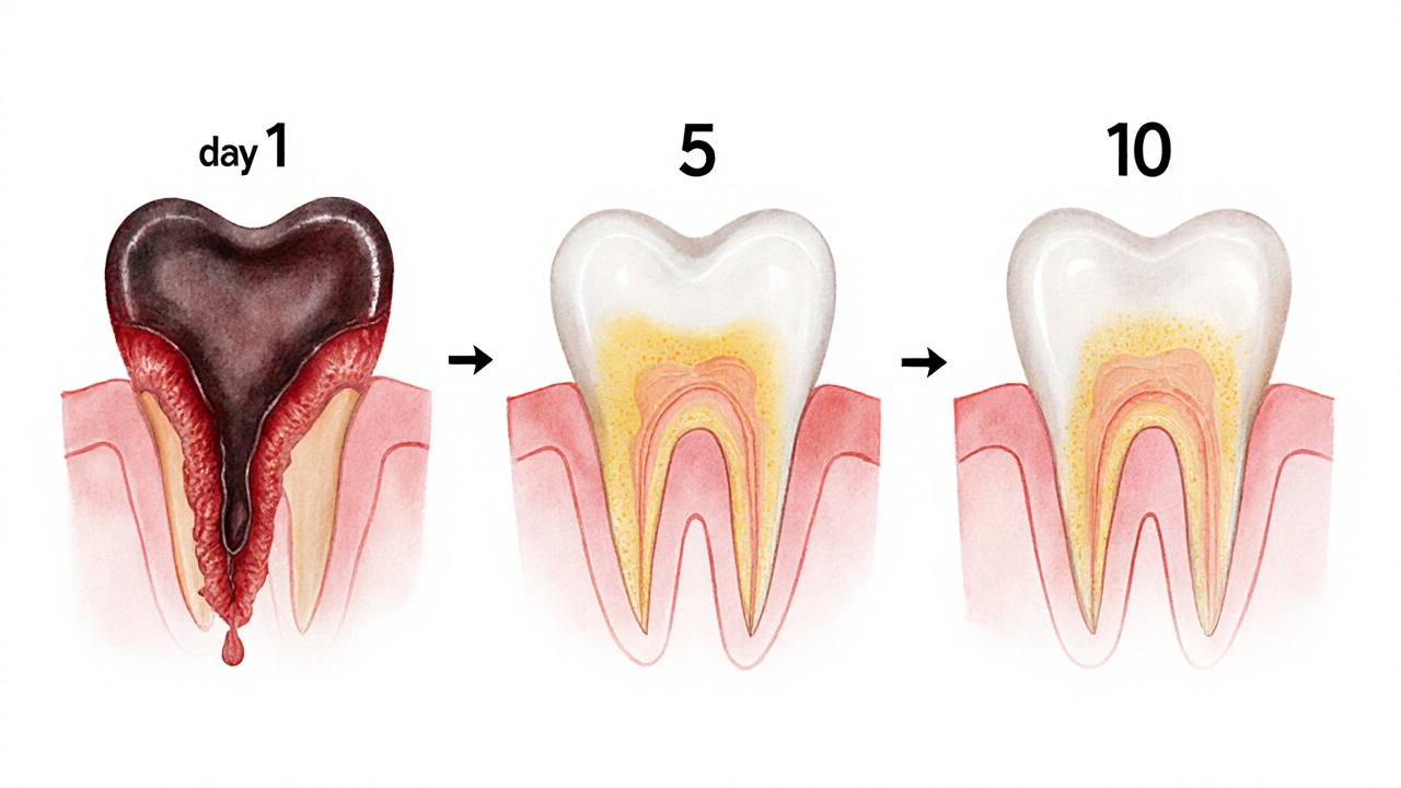 Postupné hojení zubní jamky od tmavé sraženiny po uzavřené dásně.