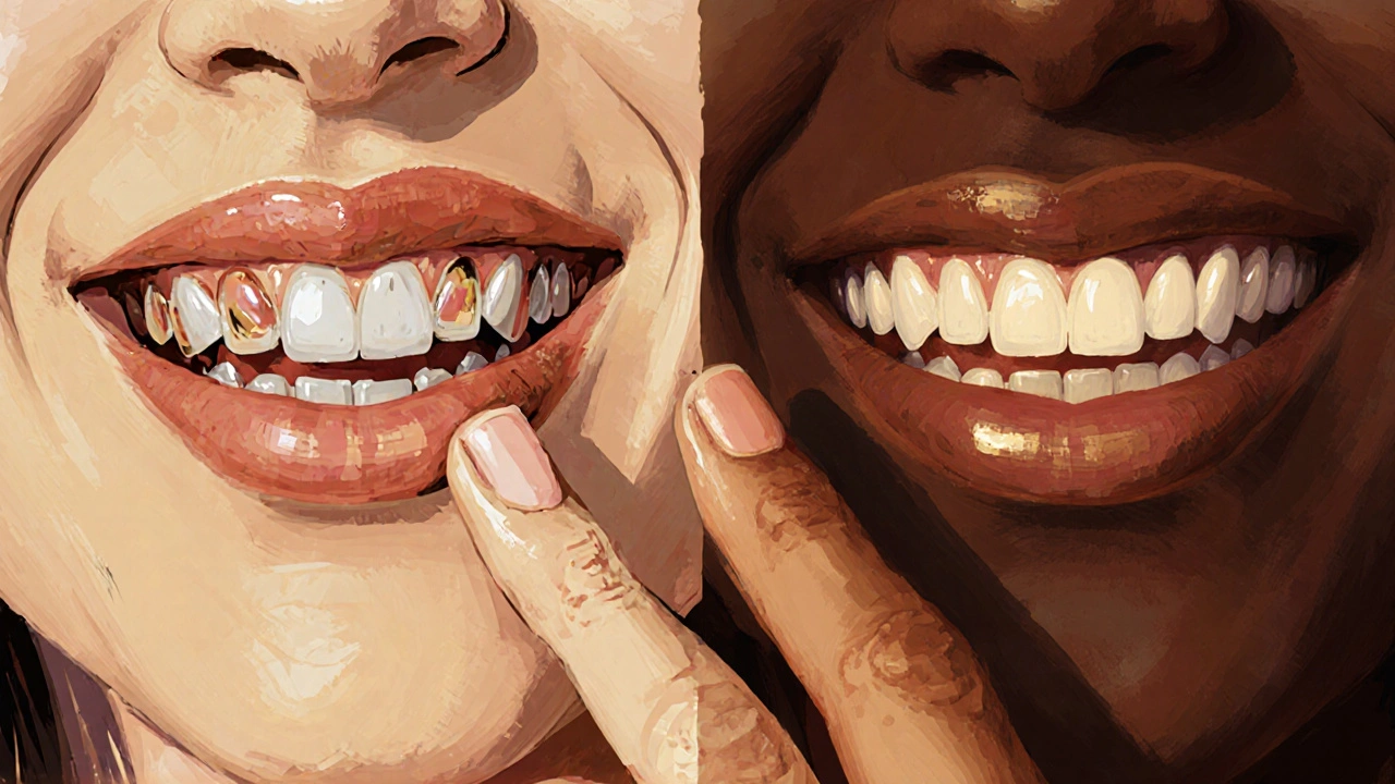 Před a po: jedna strana s tmavými zuby, druhá s leskem fazet.