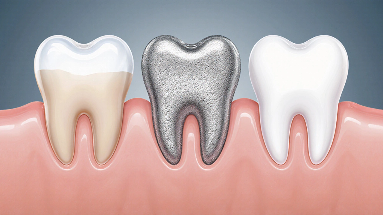 Řez moláru ukazující kompozit, amalgám a keramiku v různých výplních.