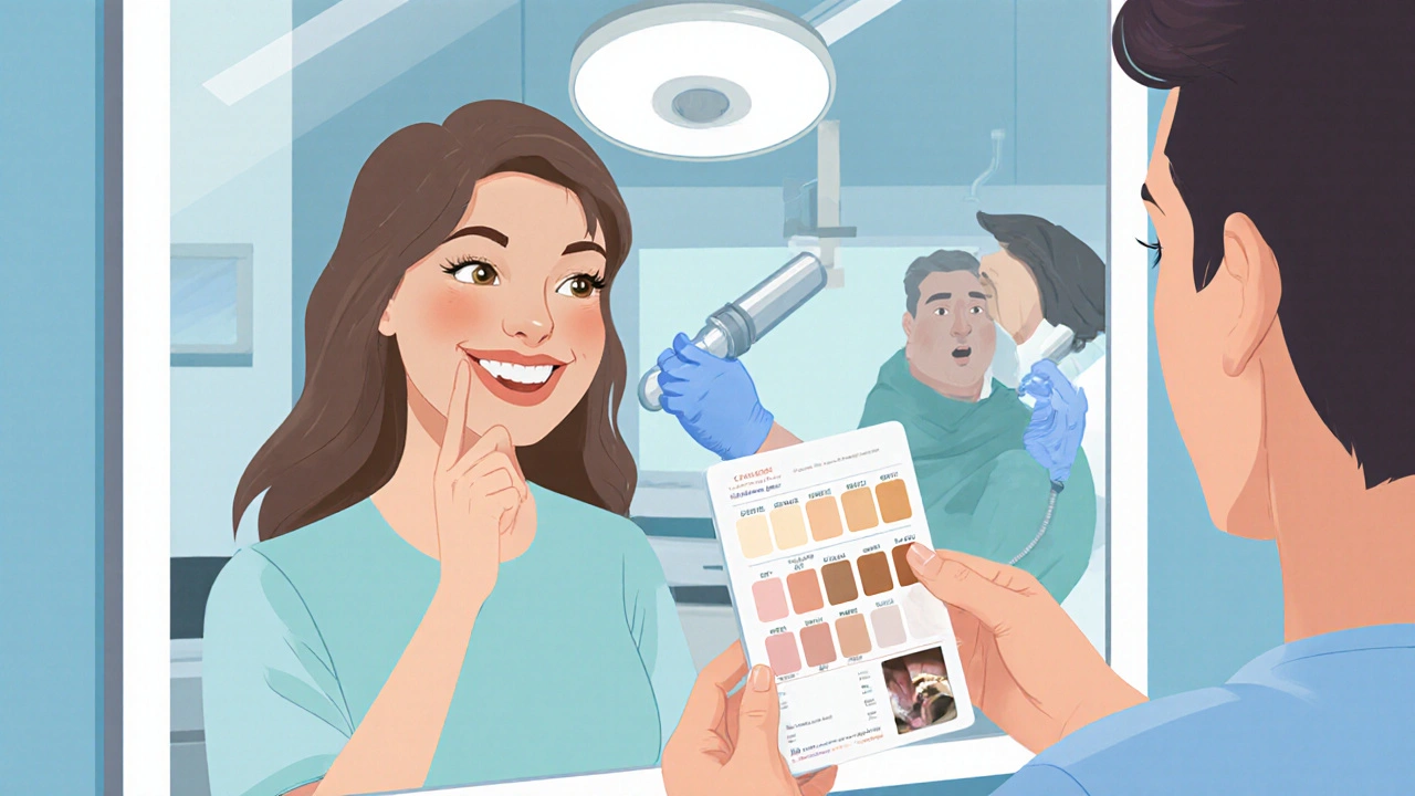 Spokojený pacient s novými výplněmi, zubař nabízí barevnou paletu a v pozadí laboratoř.