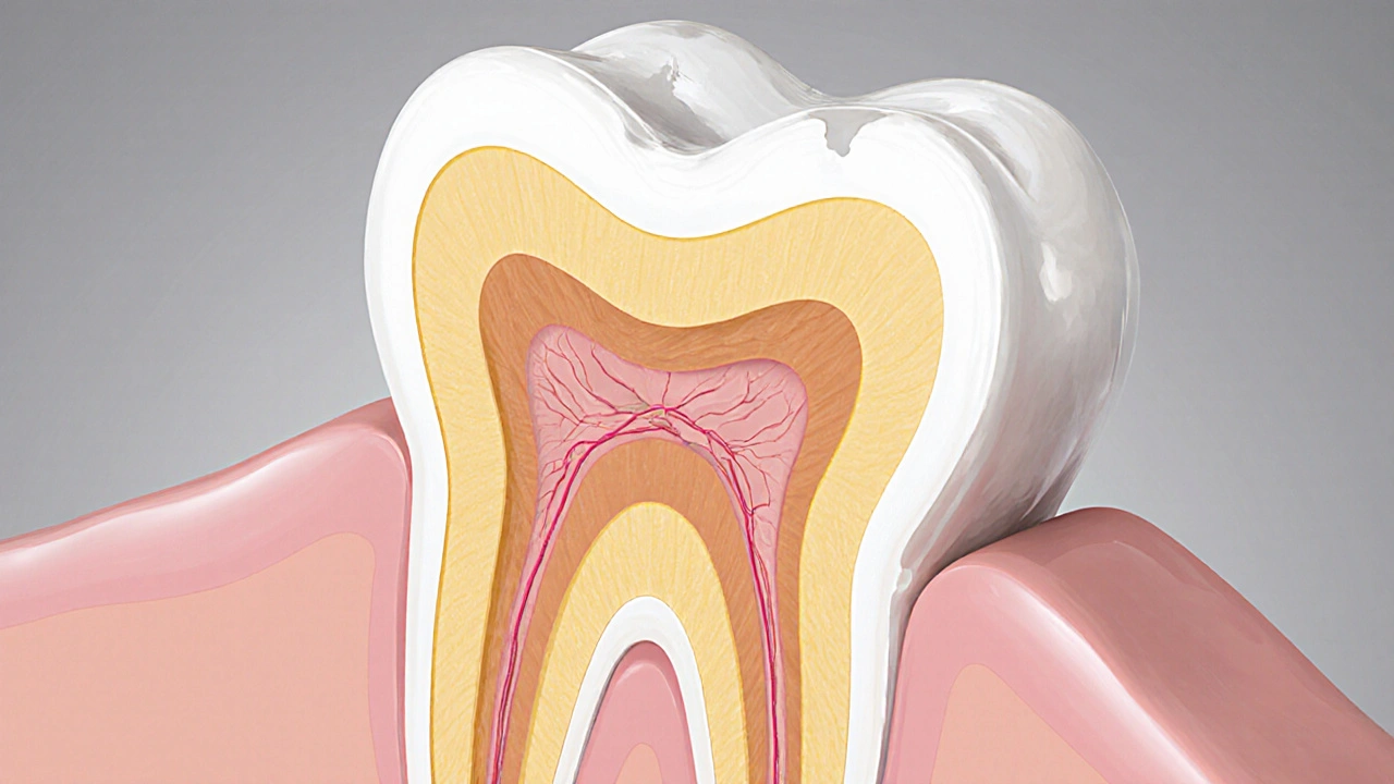 Zobrazena řezy zubu s průsvitnou sklovinou, žlutým dentinem a růžovým pulpem.