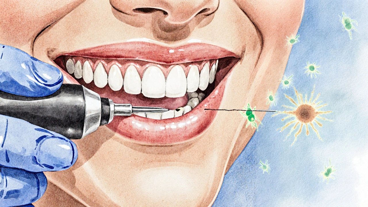 Zubař používá intraorální kameru a sondu ke kontrole mezizubní oblasti.