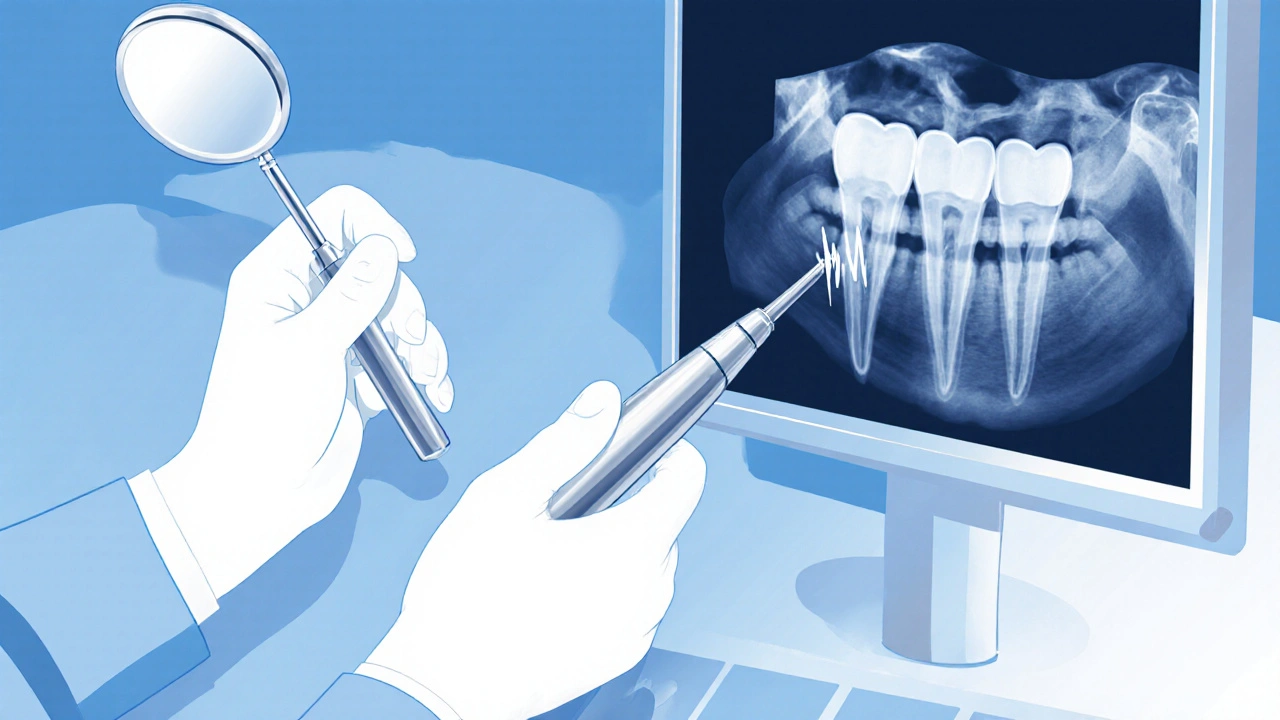 Zubař s dentálním zrcátkem a ultrazvukovým scalerem, vedle rentgenového snímku.
