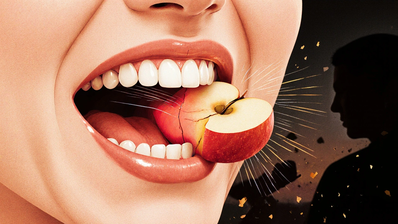 Čelist s jednou stranou žvýkající jablko a druhou nečinnou, symbolizující nerovnoměrné zatížení.