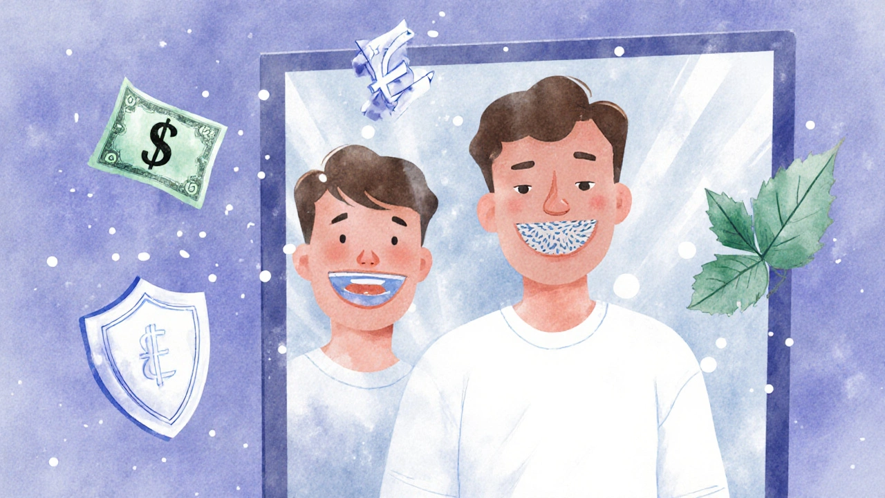 Člověk v zrcadle vidí úsměv s rovnými zuby, kolem něj symboly financování.