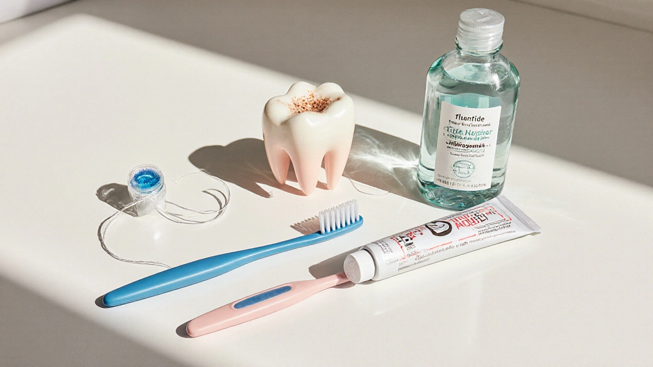 Dentální potřeby uspořádané na stole: kartáček, nit, mezizubní kartáček a pasta.