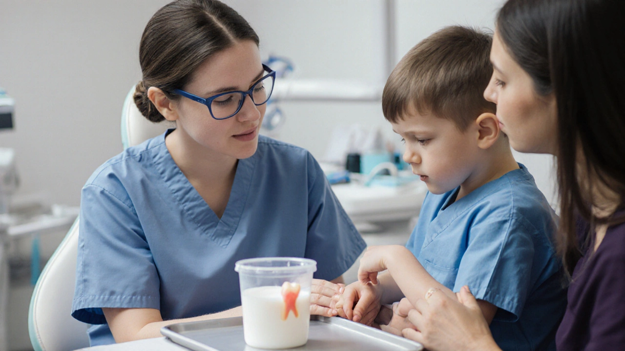 Dětský zubní lékař prohlíží zub uložený v mléce, dítě sedí na vyšetřovacím stole s rodičem u boku.