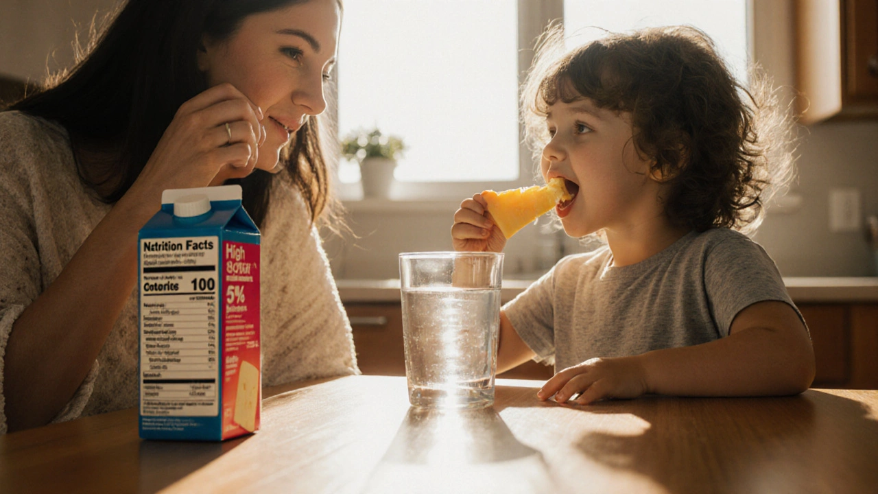 Dítě jedlé sýr a pijící vodu, místo sladkého nápoje.