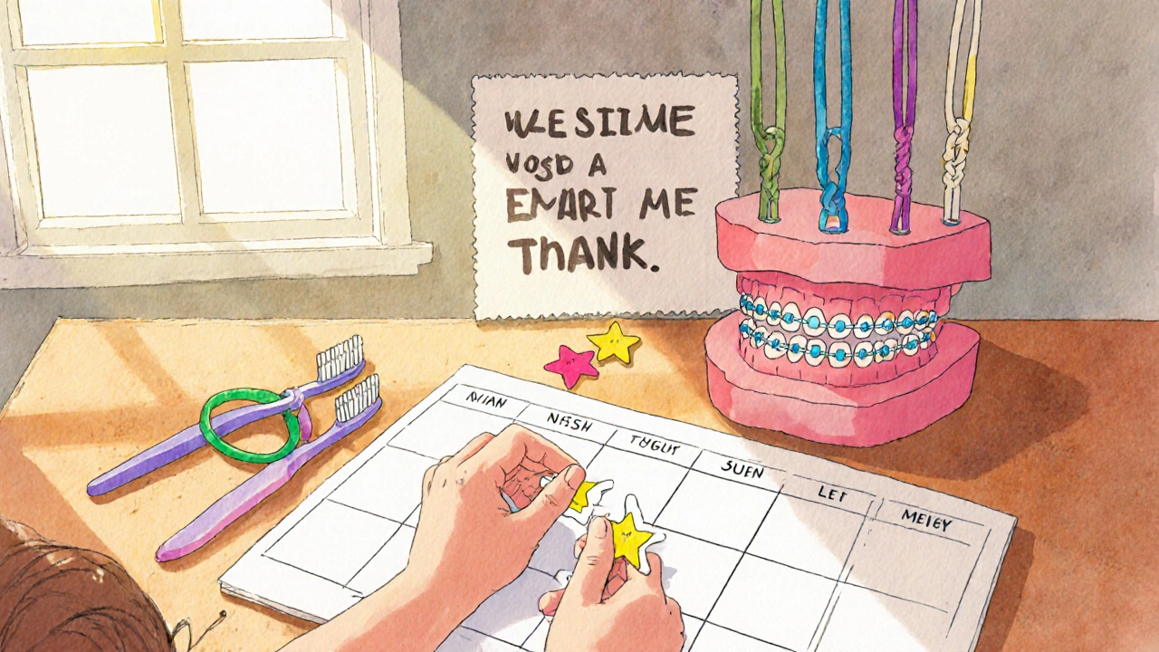 Dítě přichytává hvězdičku na tabulku s gumičkami a kartáčkem na zuby.