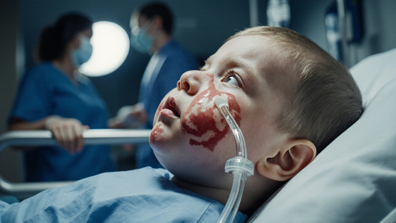 Dítě s výrazným otokem tváře leží na nemocniční gurneji v záři nouzového osvětlení.