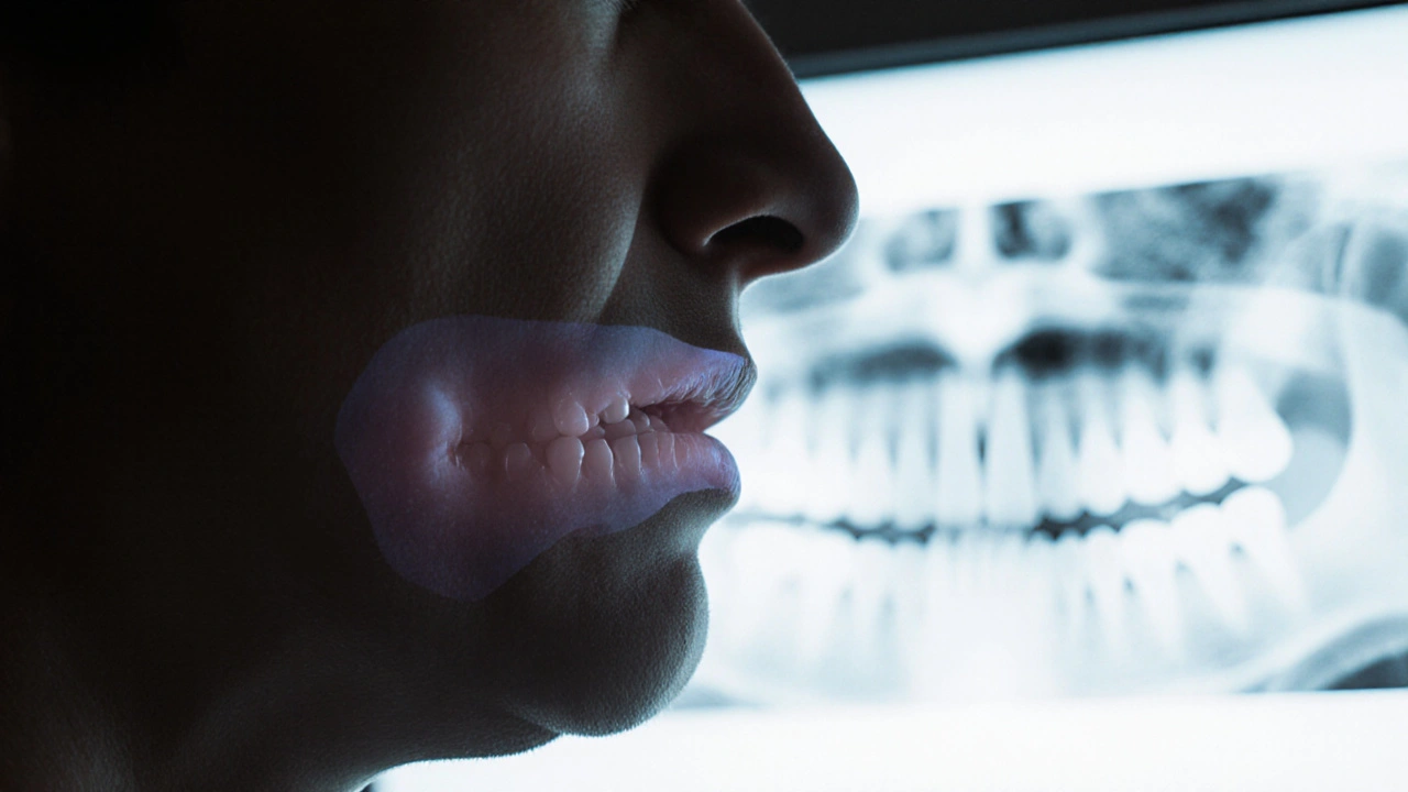 Dospělý s otokem čelisti, za ním průhledné obrysy zaseknutých zubů moudrosti.