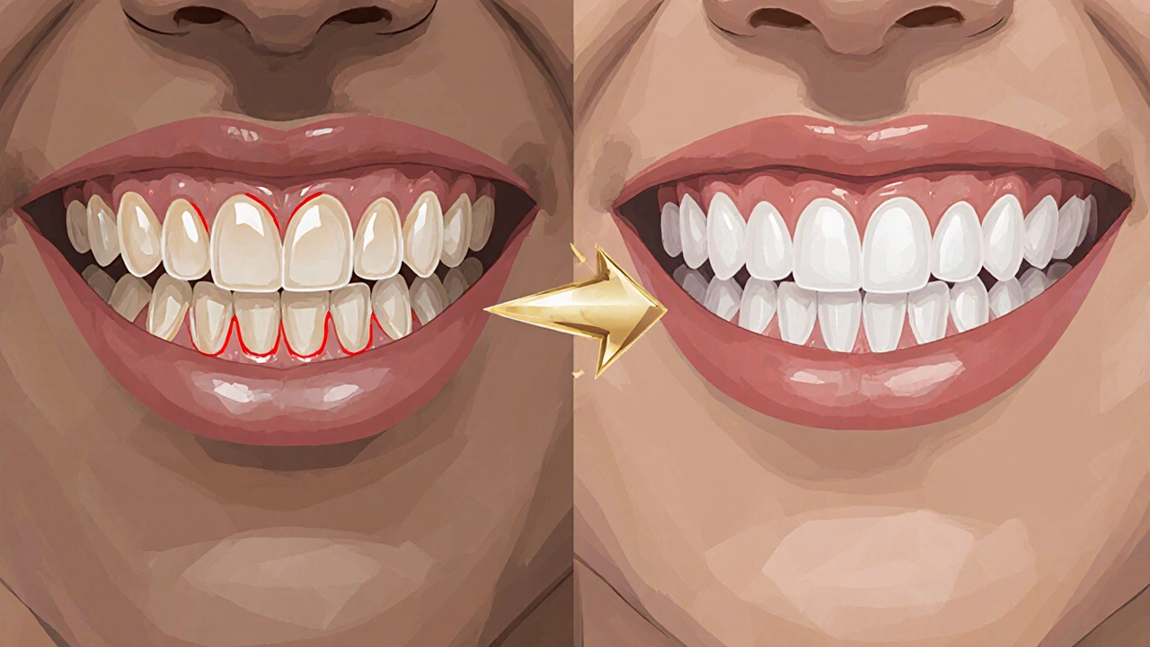 Dva vedle sebe umístěné obrázky zubů: křivé vs. dokonale vyrovnány fazetami.