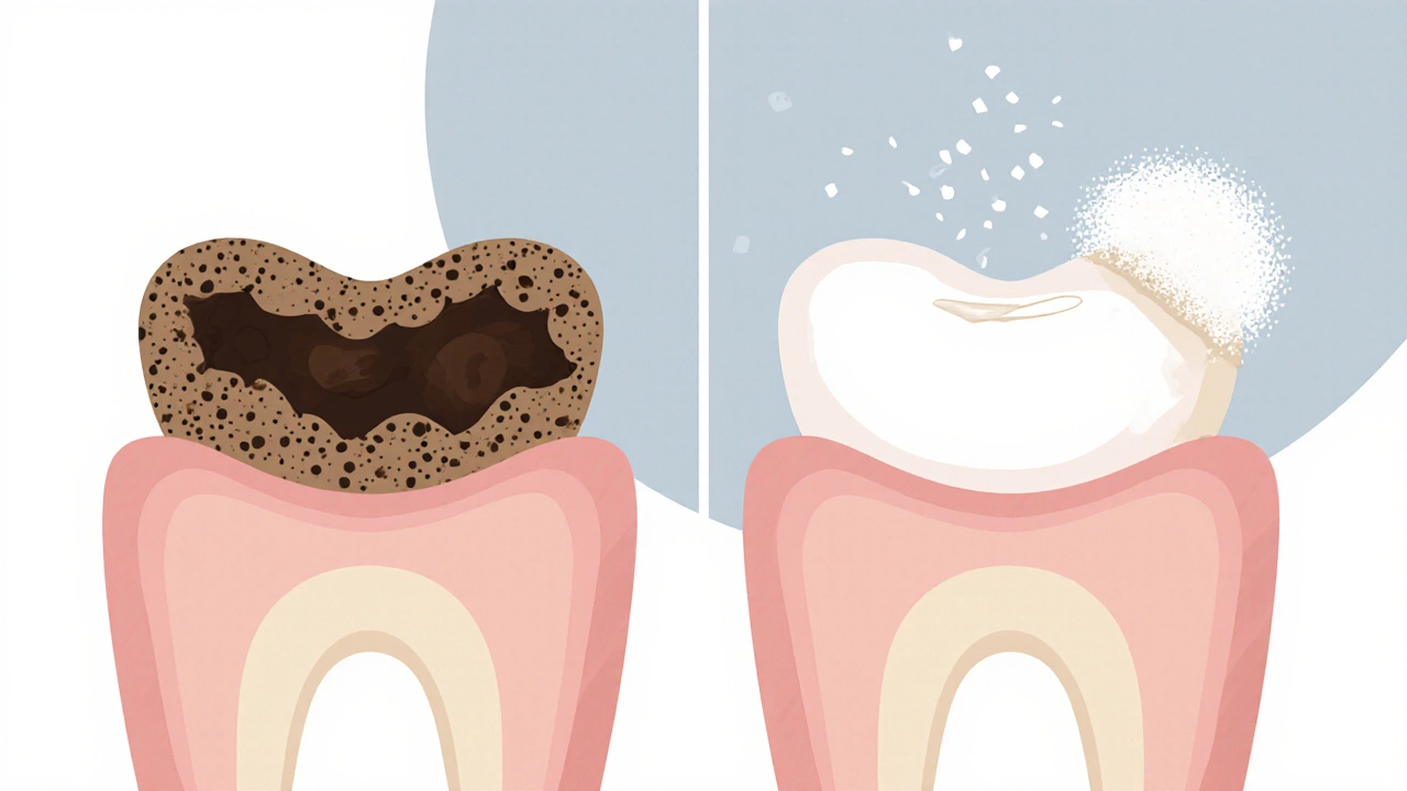 Dva zuby: jeden s tmavými skvrnami a plakem, druhý čistý a hladký po očištění.