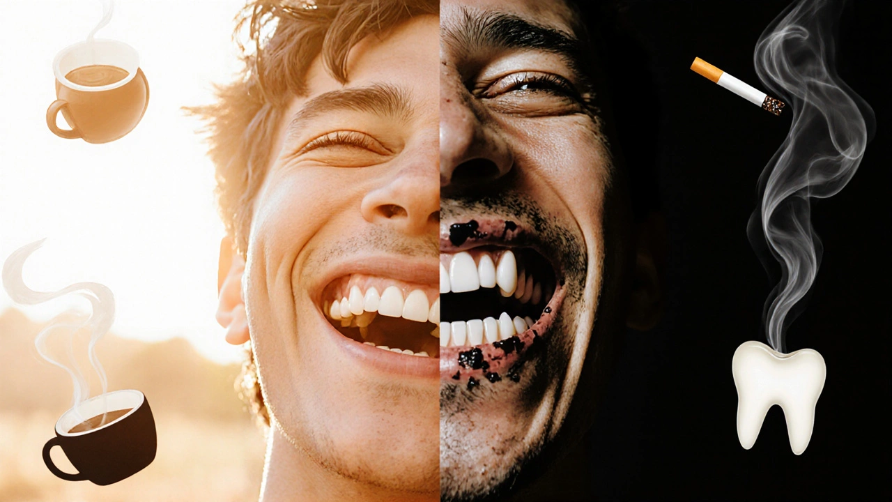 Dvě strany jedné osoby: jedna se směje se zdravými zuby, druhá trpí ztrátou zubů z důvodu zanedbání.