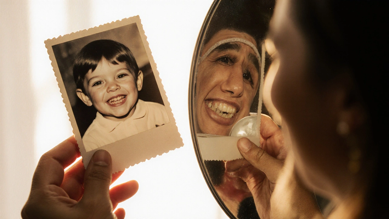 Fotografie dítěte s uzavřeným úsměvem vedle dospělého s jasným úsměvem.
