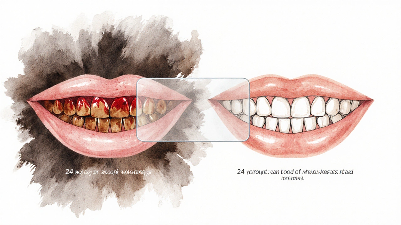 Ilustrace 48 hodin po bělení zubů s ochranným štítem proti barvivům.