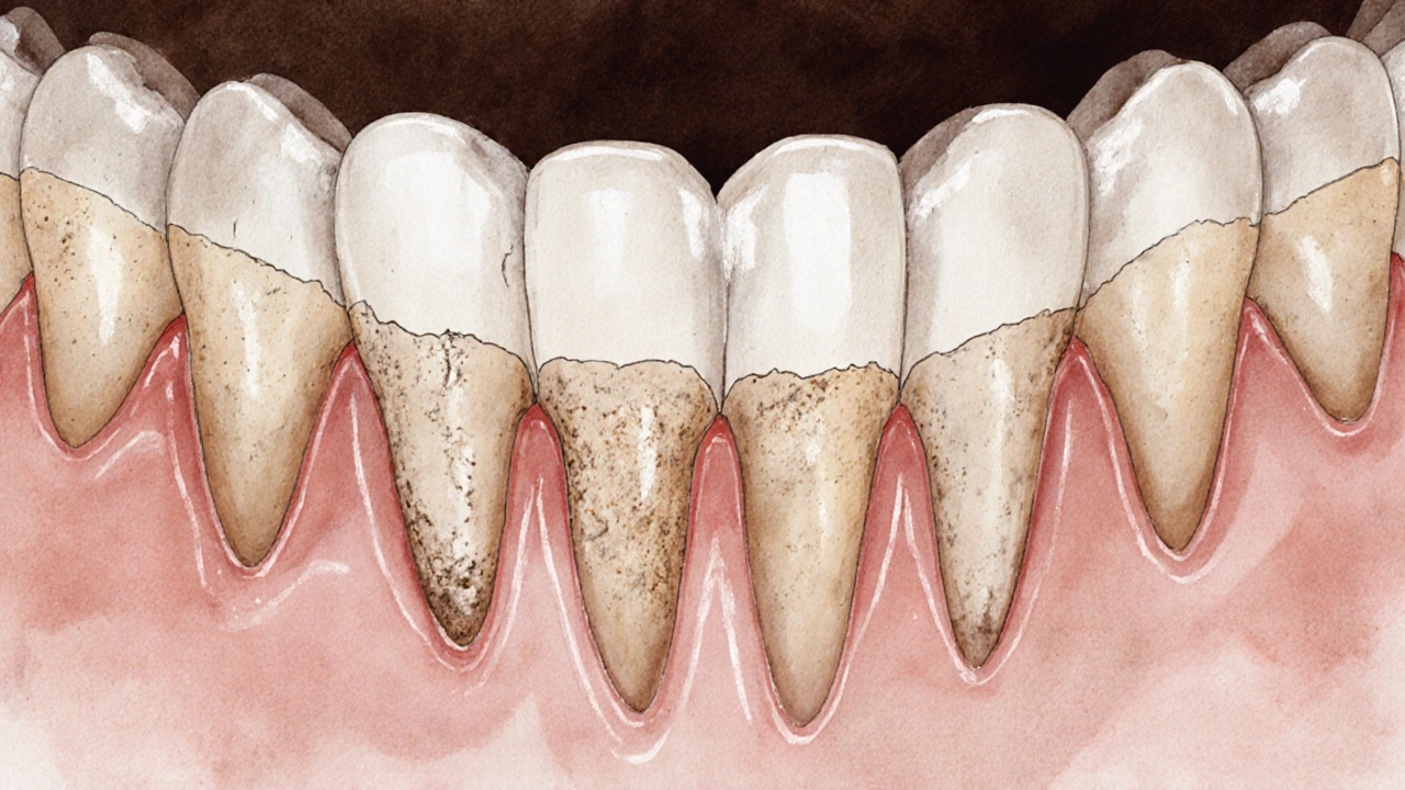 Ilustrace pěti znaků poškození kompozitní výplně na zubu: škrábance, ztmavení, odlepování, důlek a drsný povrch.