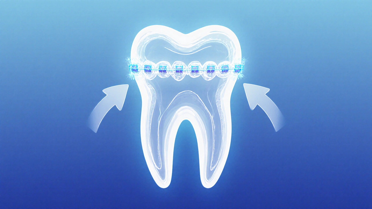 Ilustrace zubu při přesunu v čelisti s přestavbou kosti kolem kořene.