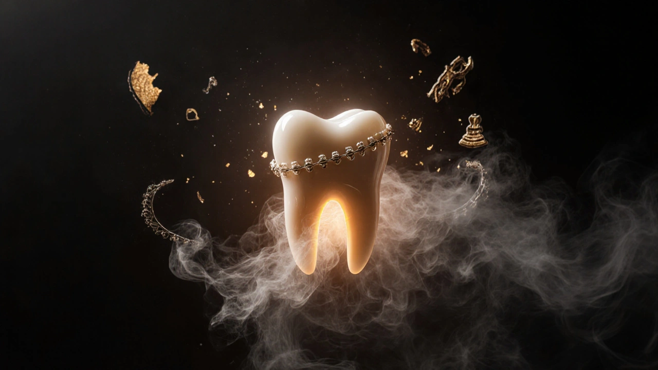 Jedinečný zub s zlatým zářením z mezery, kolem něj se rozpouští ortodontické dráty.