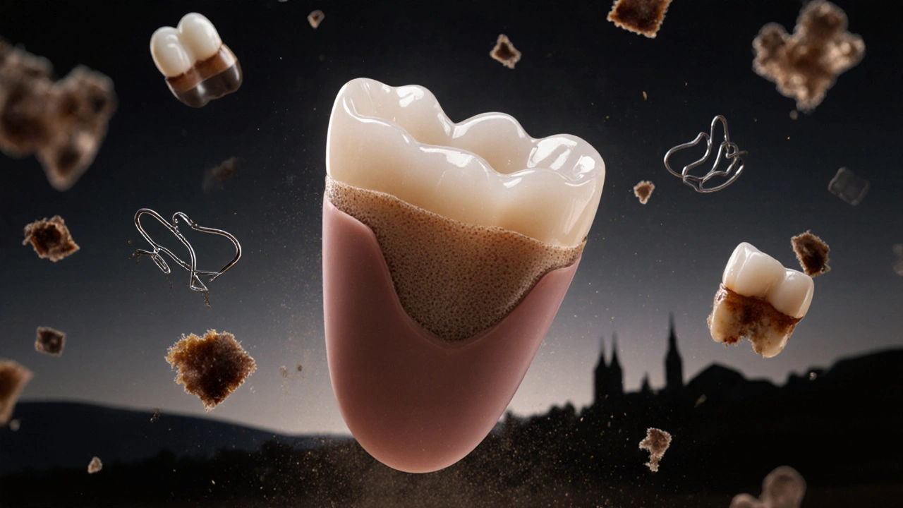 Keramická výplň zubu s detaily struktury a rozpuštěnými skvrnami a zubními vadami.