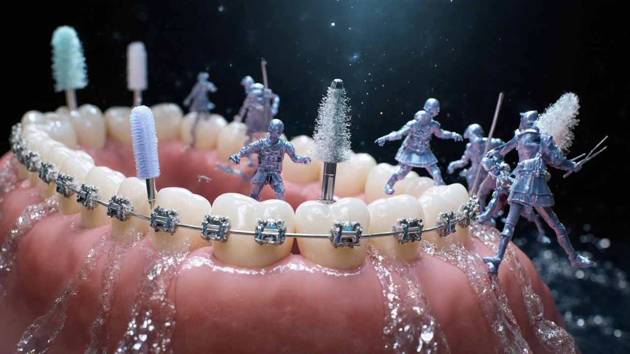 Koncepční scéna boje mezi fluoridovými válečky a bakteriemi v ústech při nosení zubních závěsů.