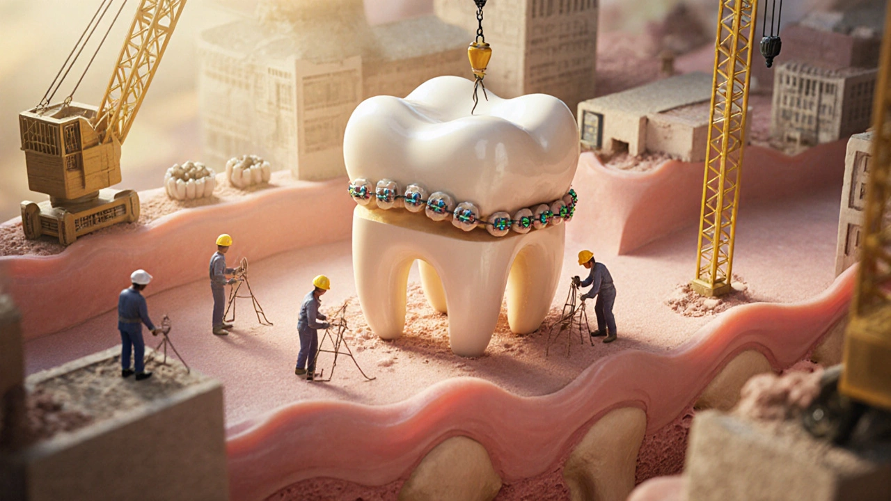 Konceptuální scéna zubu jako domu přesunovaného v kosterním městě s braces jako jeřábem.