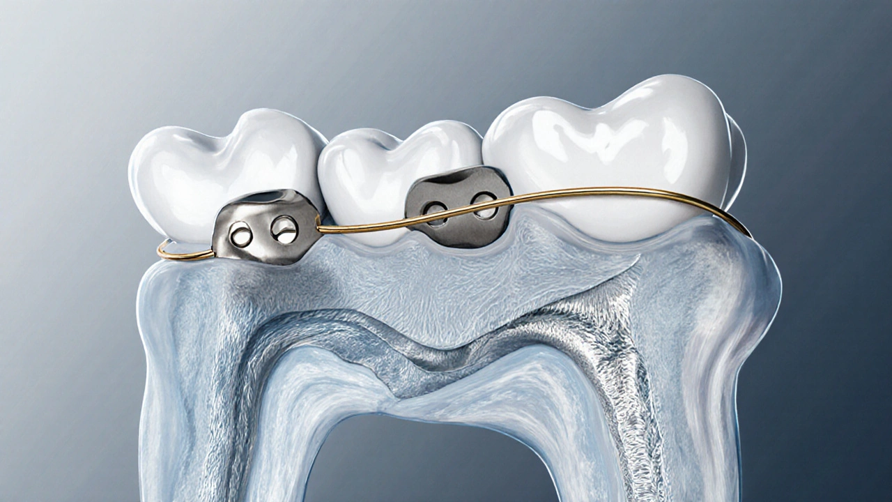 Křížový řez čelisti s kostní remodelací kolem zubu pod tlakem rovnátka.