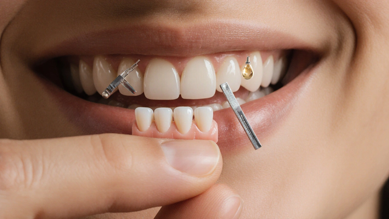 Malá keramická fazeta v ruce, s mikroskopickými zubními nástroji kolem.