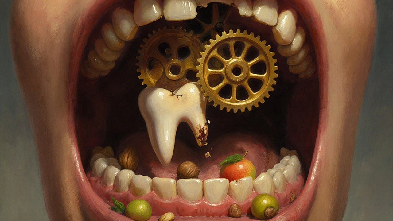 Mechanický model čelisti s chybějícím zubem, který ruší celou žvýkací síť a způsobuje pád potravy.