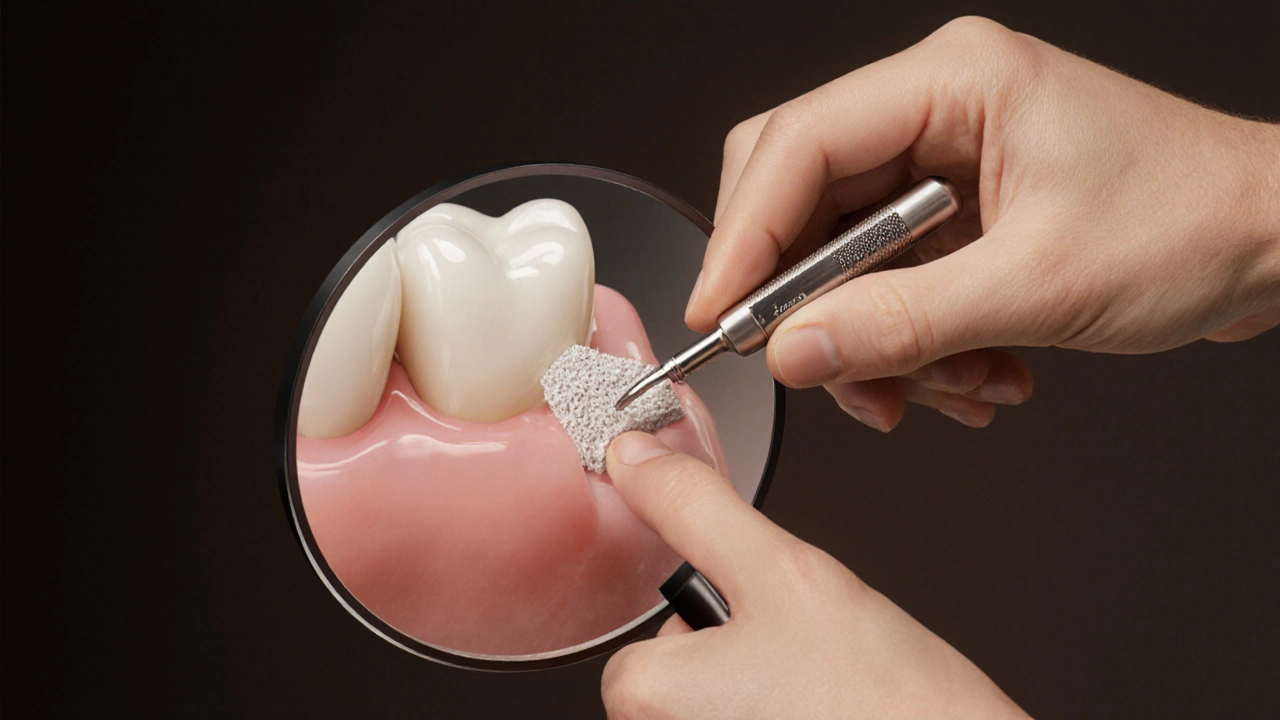 Microscopic view of a dentist shaping a tooth surface for a veneer with precision instruments.
