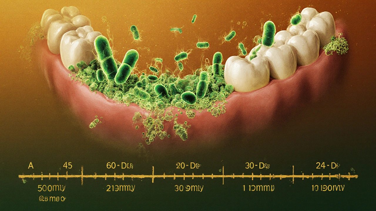 Mikroskopické bakterie žijící v biofilmu mezi zuby a ničící sklovinu