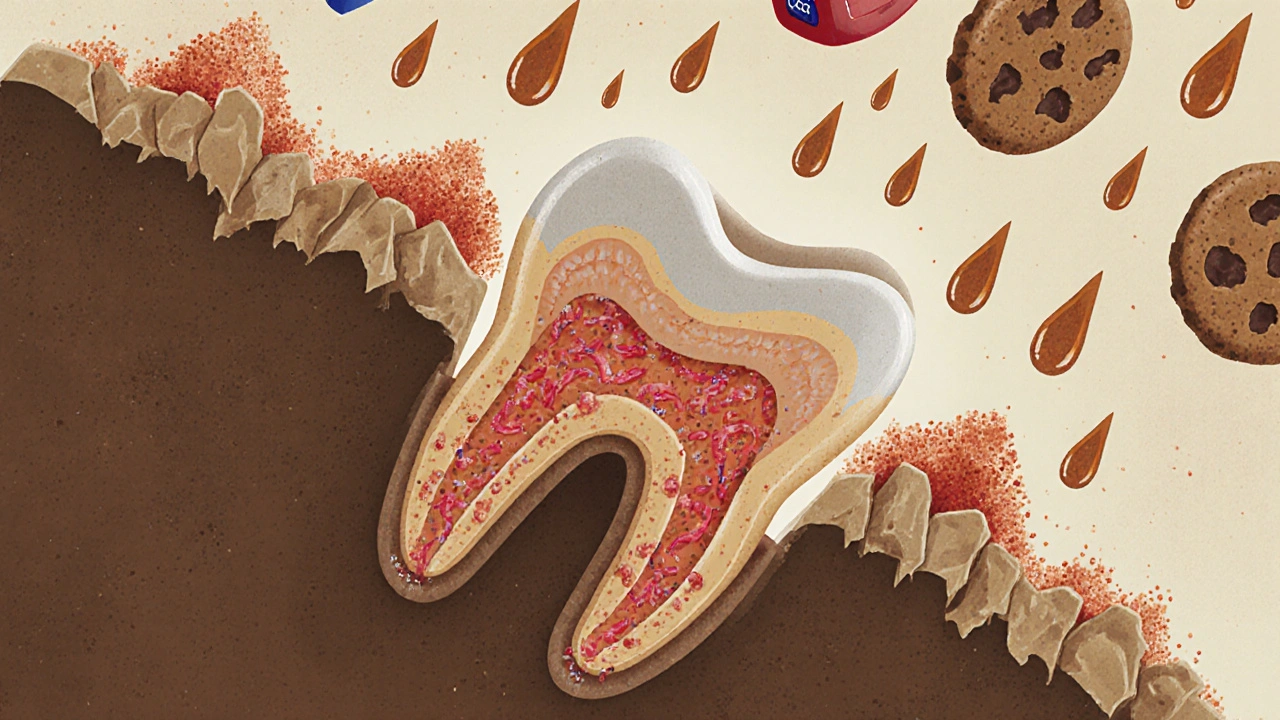Mikroskopický pohled na zub s bakteriemi a kamenem způsobeným cukrem.