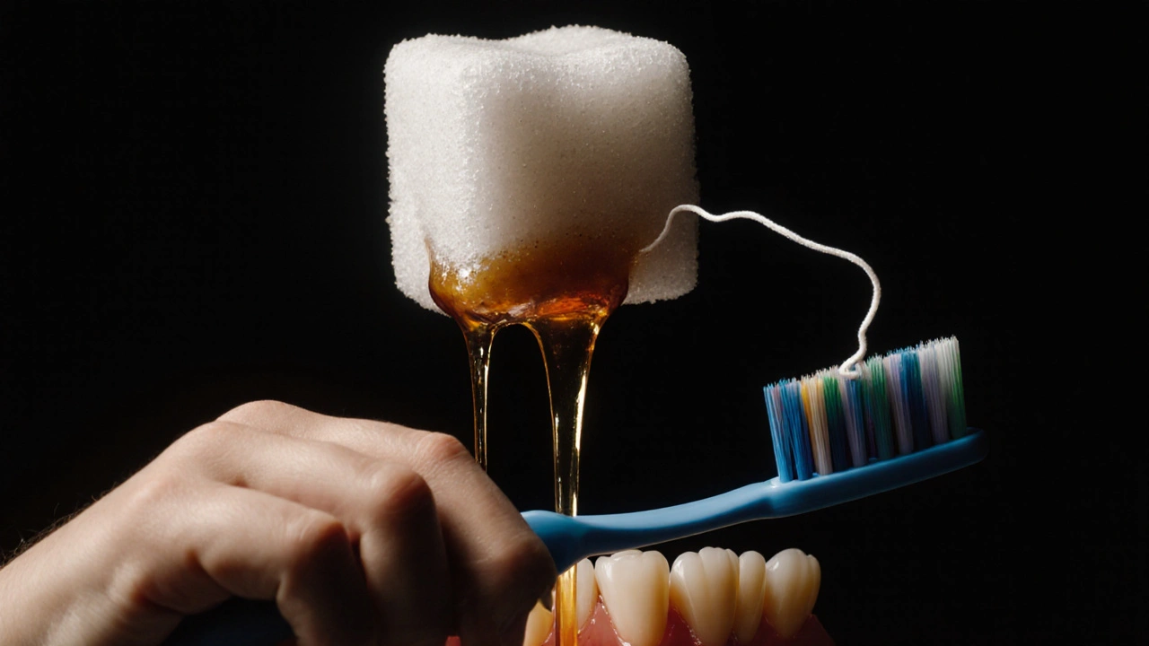 Obrovský cukr rozpadající se na sladký proud mezi zuby, překonávaný nití