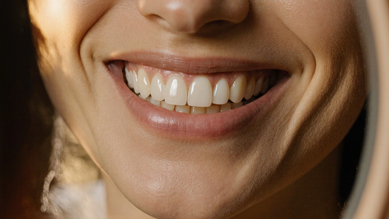 Person smiling in mirror, showing transformed teeth with natural-looking ceramic veneers.
