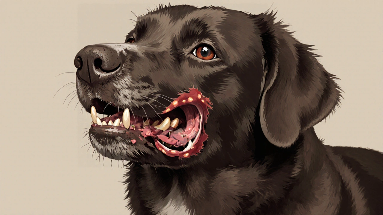 Pes s otevřeným předkusem, horní a dolní zuby se nedotýkají, dásně mírně zčervenalé.