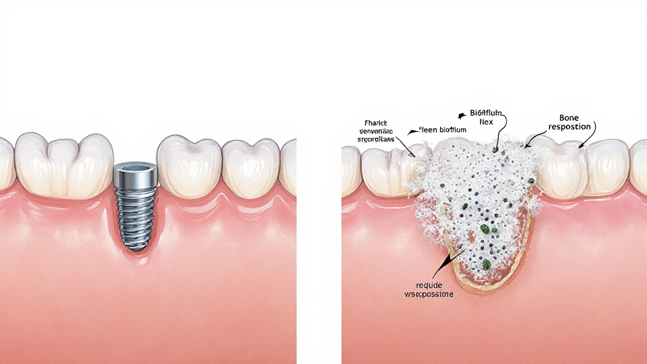 Porovnání zdravého a infikovaného zubního implantátu.
