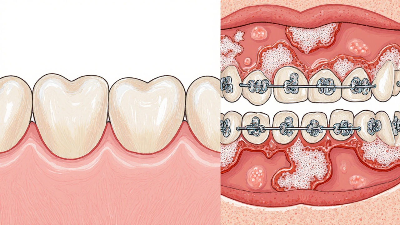 Porovnání zdravého zubu a zubu s plakem při nosení ortodontického aparátu s mikroskopickými bakteriemi.