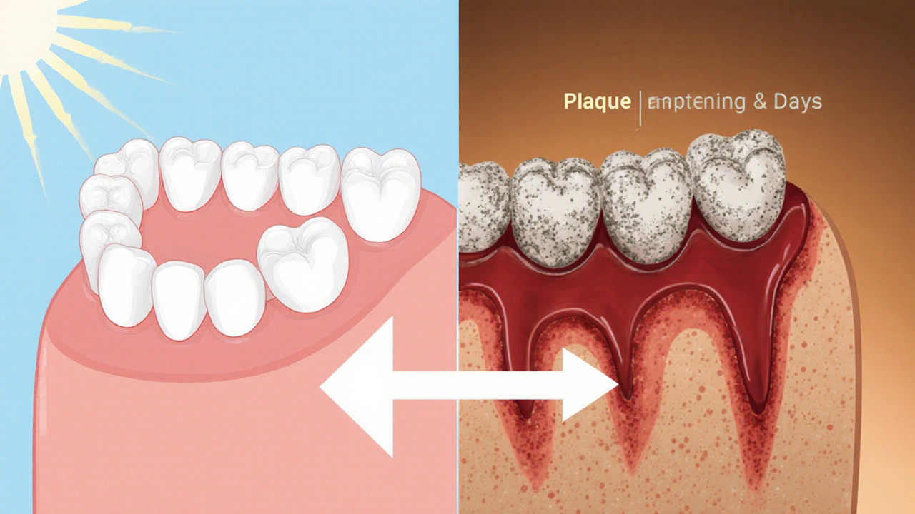 Porovnání zdravých a postižených zubů a dásní: z jedné strany čisté a růžové, z druhé s kalcifikovaným kamenem a zánětem.