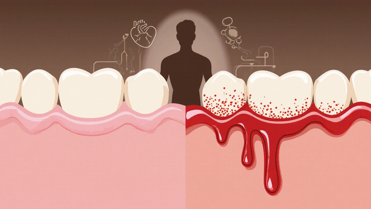 Porovnání zdravých a zánětlivých dásní s viditelným plakem a kamenem.