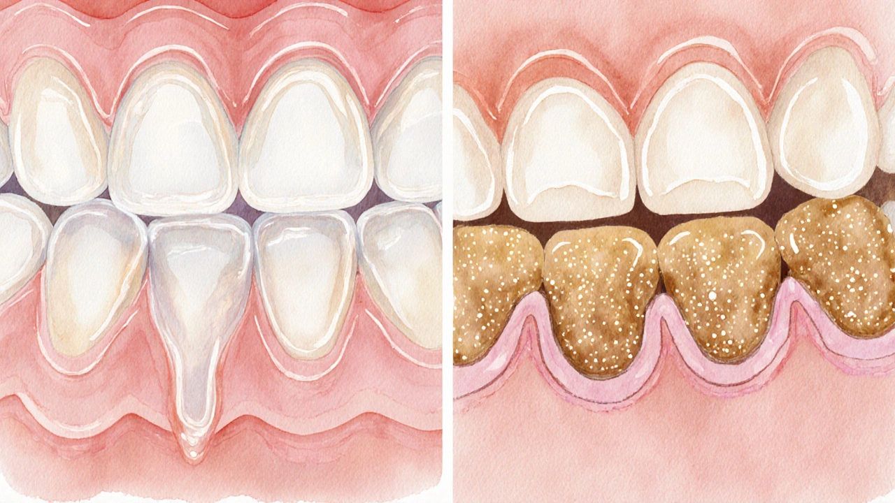 Přeměna měkkého zubního plaku na tvrdý zubní kámen u dásní, ilustrováno vodovými barvami.